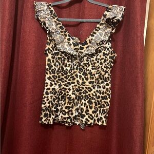 7th Avenue NY & Co Leopard Print Ruffle V-Neck Peplum Blouse Medium